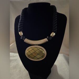 Statement Black Rope Necklace with Gold-Tone Oval Pendant